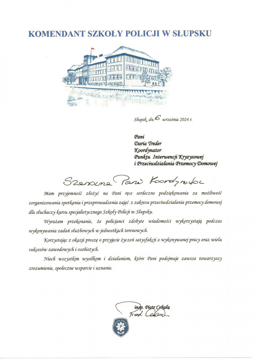 Podziękowania za przeprowadzenie zajęć z zakresu przeciwdziałania przemocy domowej dla Darii Treder