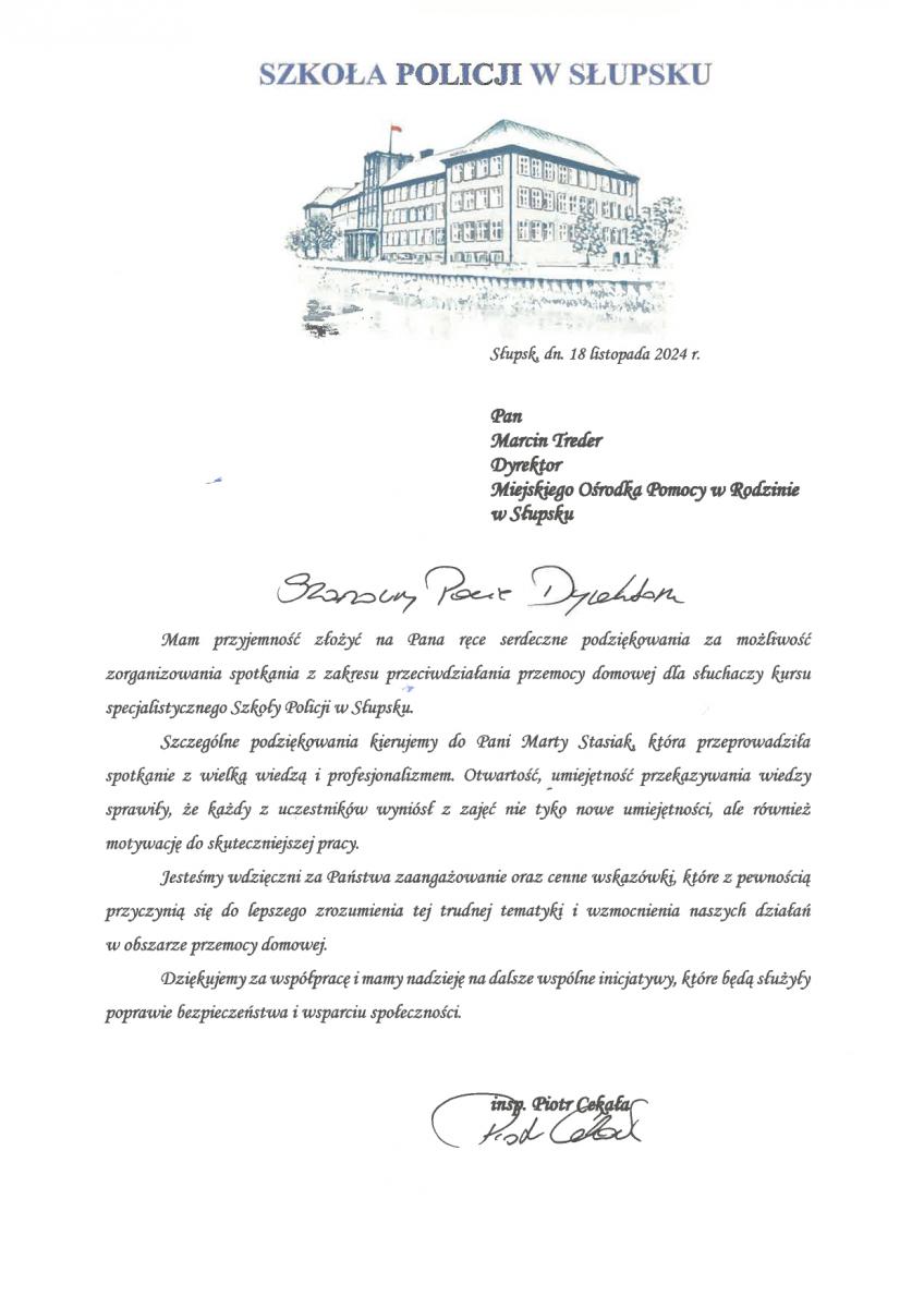 Podziękowania dla Marty Stasiak od Szkoły Policji