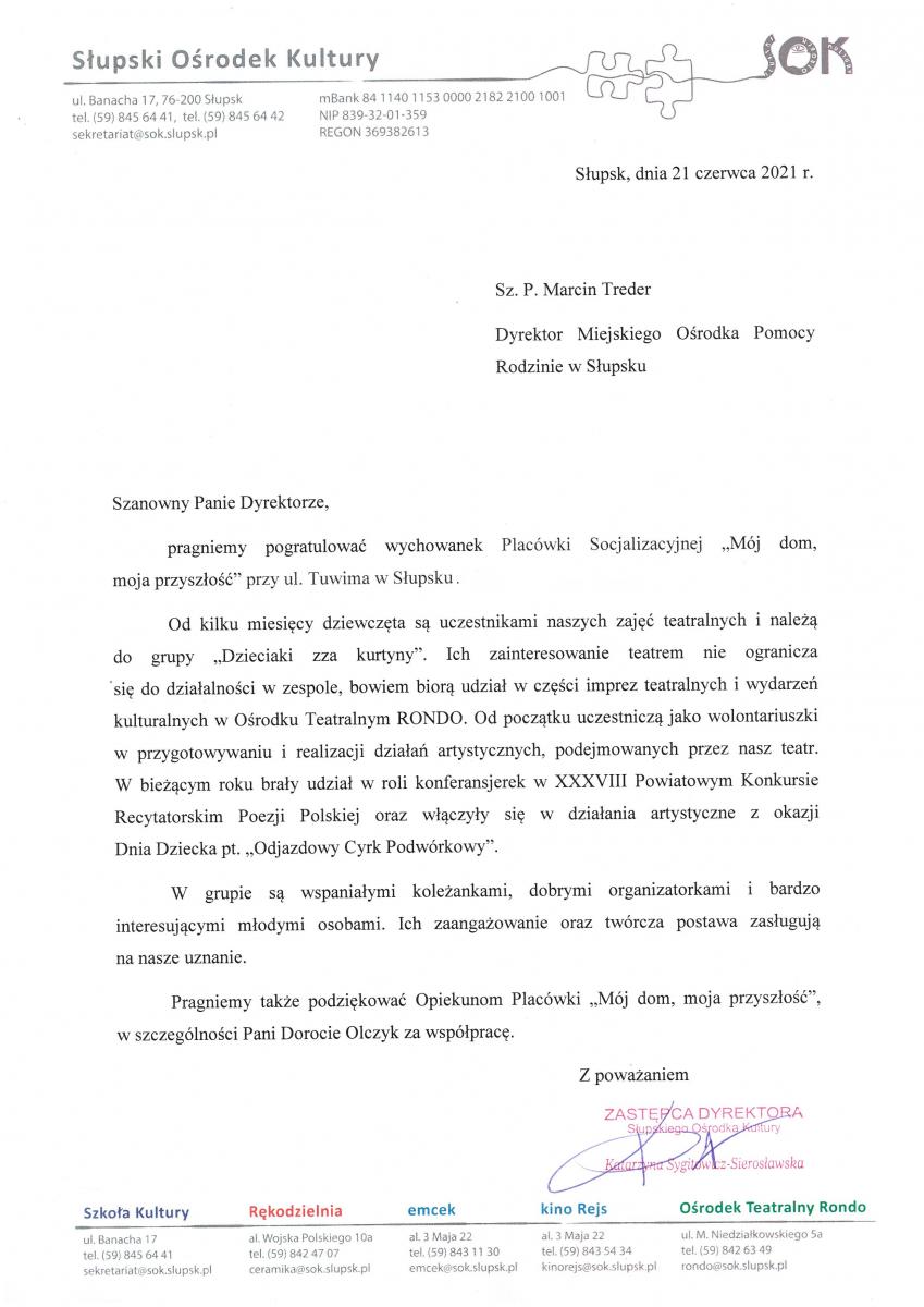 Podziękowania SOK-u dla podopiecznych Placówek Socjalizacyjnych