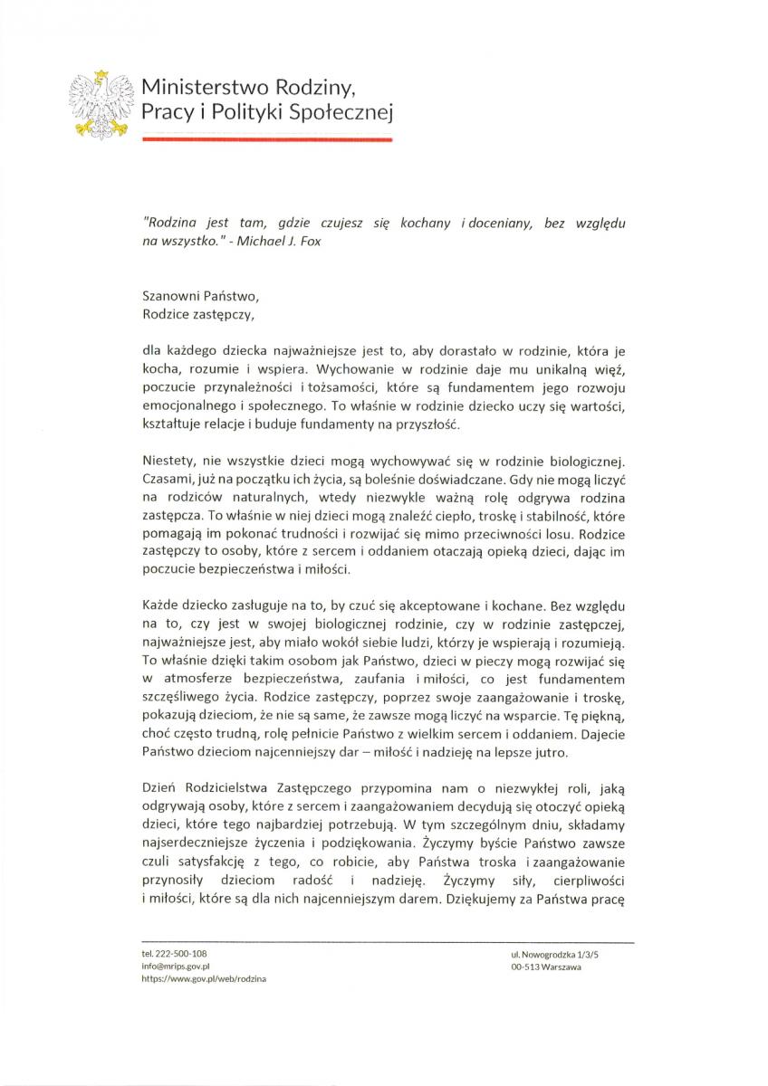 List, miłe słowa uznania od Pań Minister z Ministerstwa Rodziny, Pracy i Polityki Społecznej dla rodzin zastępczych