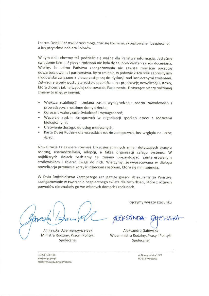 List od Pań minister dla rodzin zastępczych, słowa uznania