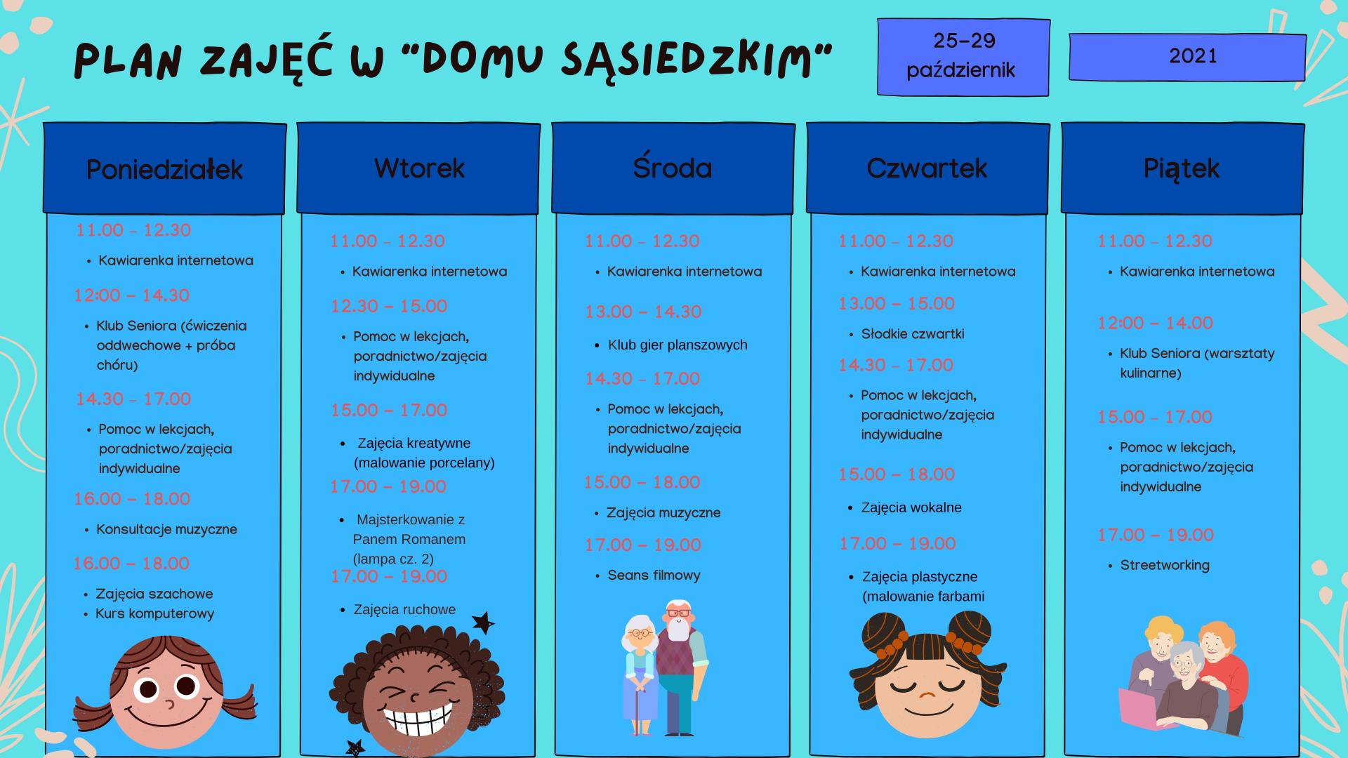 Plan zajęć w Domu Sąsiedzkim w dniach 25-29.10.2021 r.