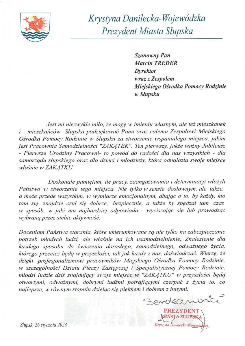 Podziękowania od Pani Prezydent, Krystyny Danileckiej-Wojewódzkiej