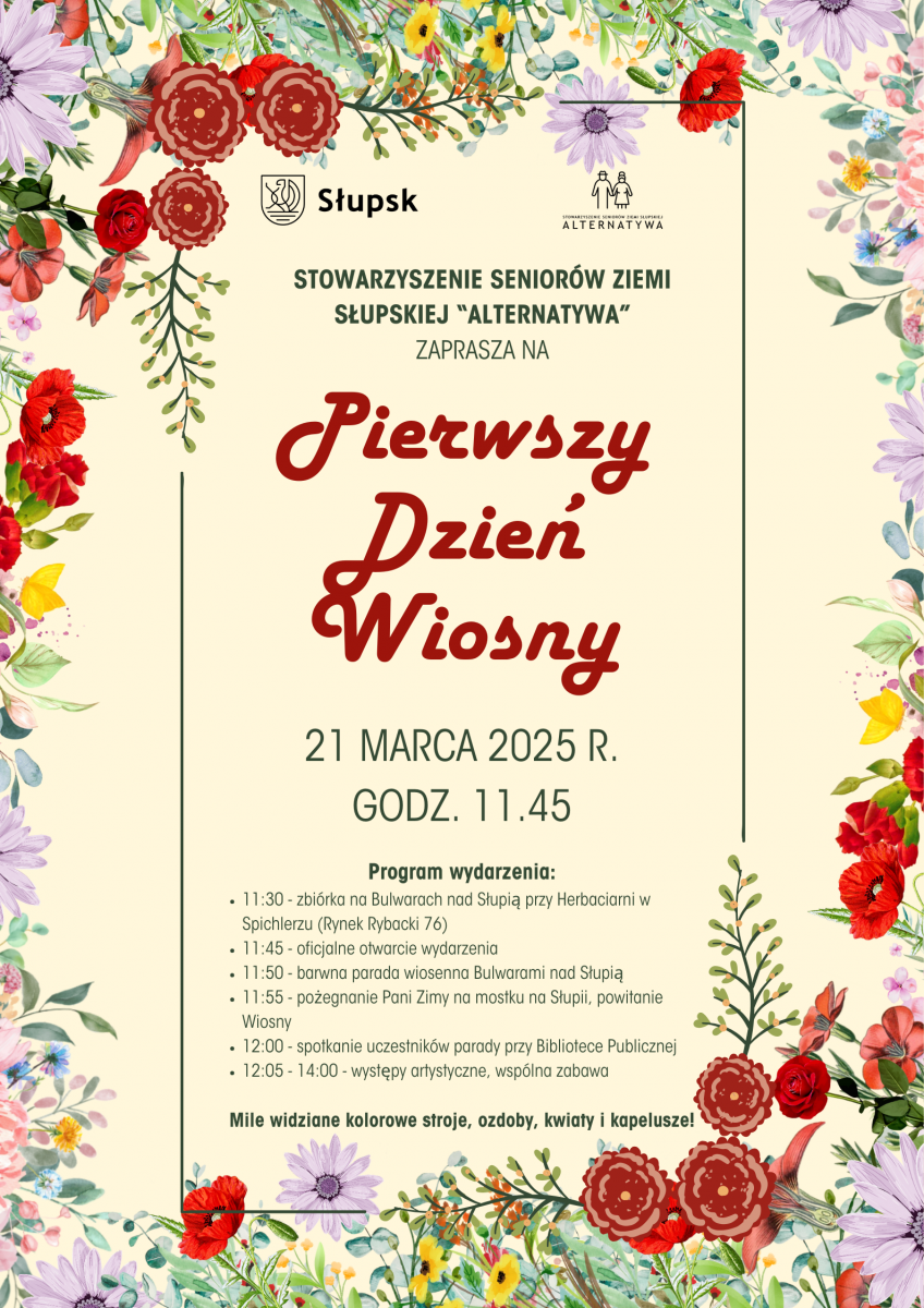 Plakat informujący o pierwszym dniu wiosny na Bulwarach nad Słupią. 21 marca o godzinie 11.45